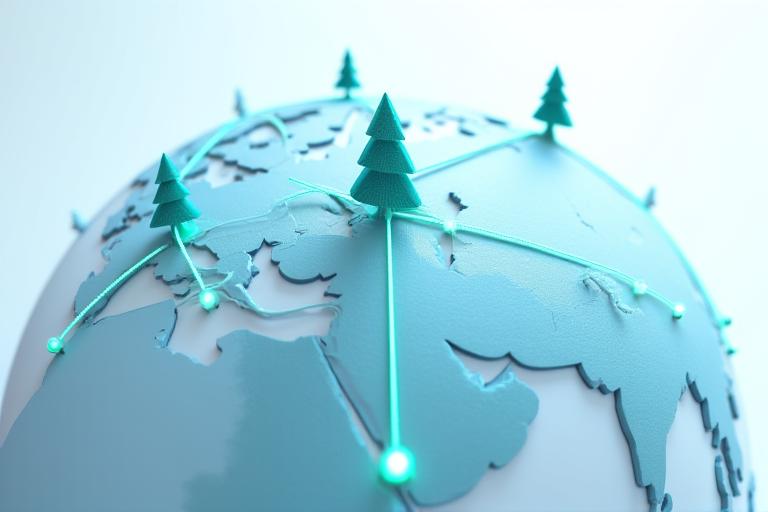 地球儀とそれを囲むように複数のサプライチェーンのアイコンや矢印が繋がっているグラフィック、海洋がんのロゴが中心に配置されている